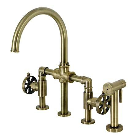 Kingston Brass KS2333RX Industrial Style Bridge Kitchen Faucet with Brass Sprayer, Antique Brass KS2333RX